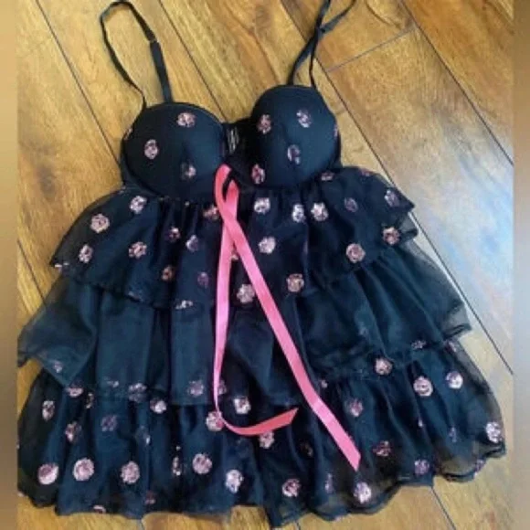 VICTORIA’S SECRET Sexy Little Things… Black Pink Ruffle Mesh Lingerie Corset 34C